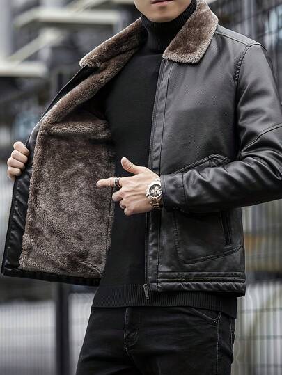 Men Leather Jacket Leather Jackets Zipper Fur Collar Clothing Plush Top Leather Jackets